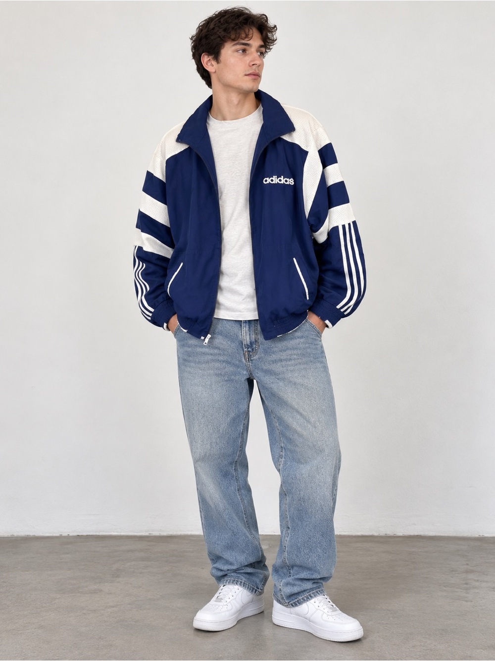 adidas Navy and White Retro Windbreaker Jacket Size XXXL 90s Y2K Streetwear